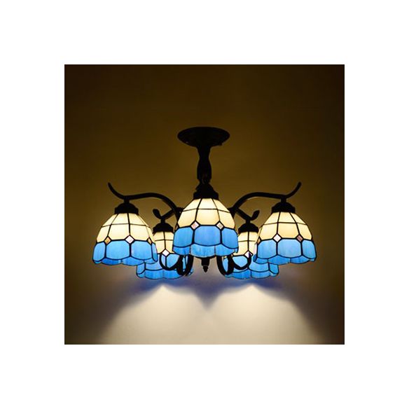 3/5 Lights Semi Flushmount with Shade Tiffany Style Stained Glass Semi Flush Lamp in Red/Blue/Green/Blue-White for Stairway