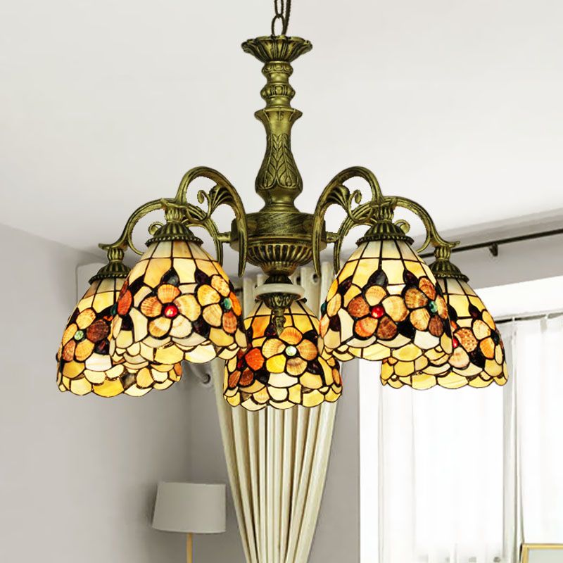 9/11 Lights Bedroom Ceiling Chandelier Tiffany Beige Flower Patterned Suspension Lamp with Bowl Shell Shade