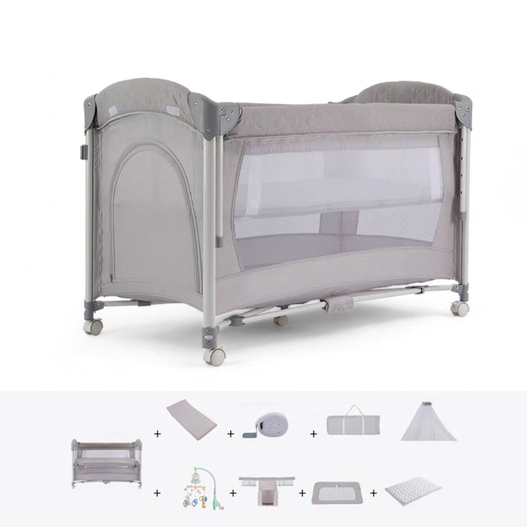 Folding Baby Crib Convertible Nursery Bed with Mattress and Guardrail