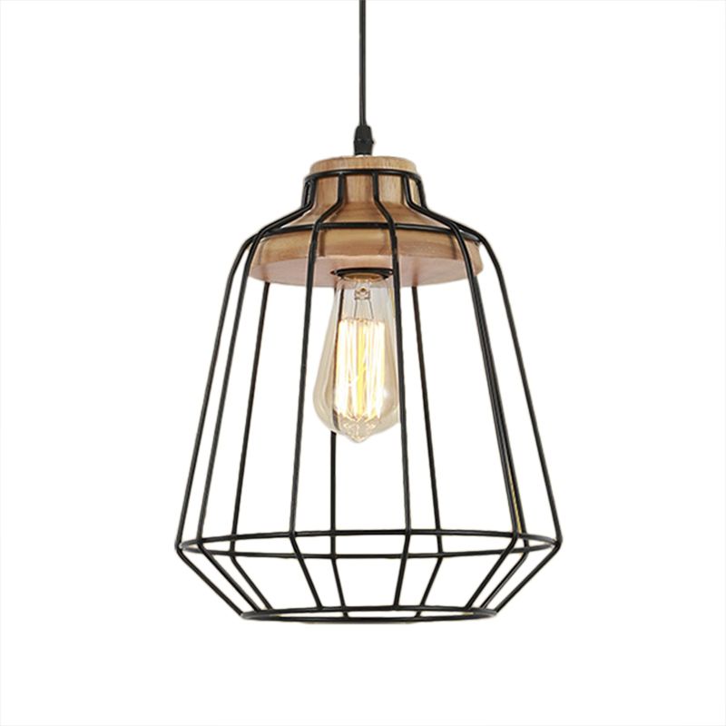 1 Head Hanging Pendant Light with Barrel/Cylinder Cage Shade Metal Retro Style Bedroom Hanging Lamp in Black