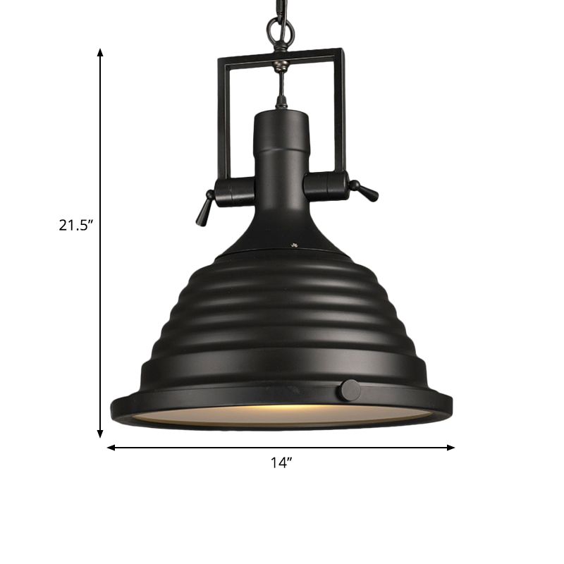 Black 1 Bulb Pendant Light Industrial Style Metallic Ripple Shade Hanging Lamp with Frosted Diffuser, 14"/16" W