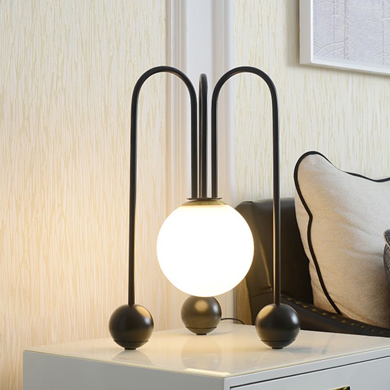 Metal U-Shaped Table Lamp Contemporary 1 Bulb Black/Gold Night Light in Warm/White Light with Ball Opal Glass Shade