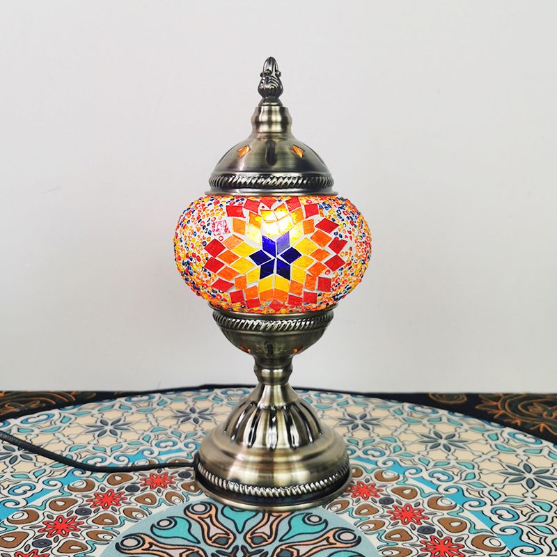 Stained Glass Globe Nightstand Light Turkish 1-Light Living Room Table Lamp with Sunflower Pattern in Bronze