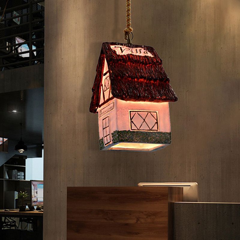 1 Light Hanging Ceiling Light with House Shade Resin Vintage Dining Room Pendant Lighting in Brown/Pink