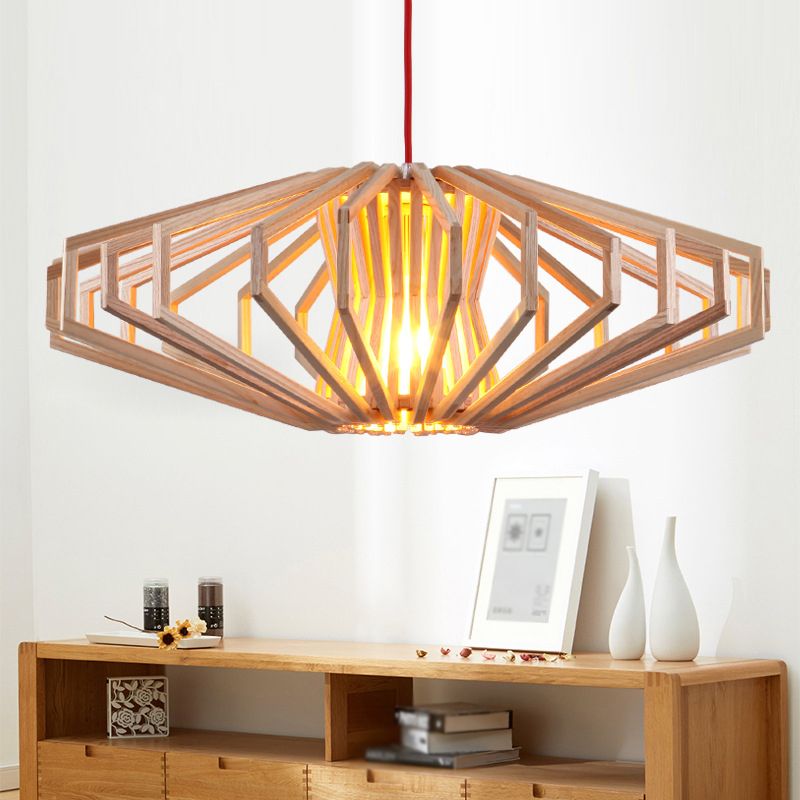 Beige Wood Shade Pendant Lighting New Chinese 1 Light Pumpkin Restaurant Hanging Lamp