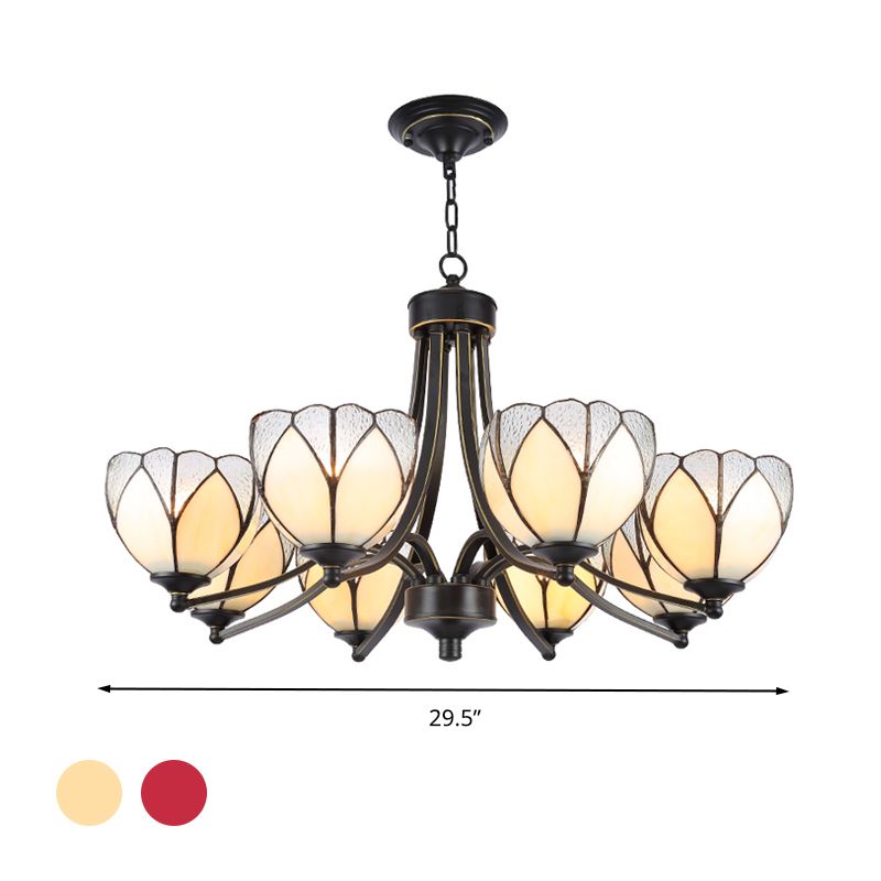 Flower Chandelier Light 3/6/8 Lights Frosted Glass Tiffany Pendant Lighting Fixture in Yellow/Red