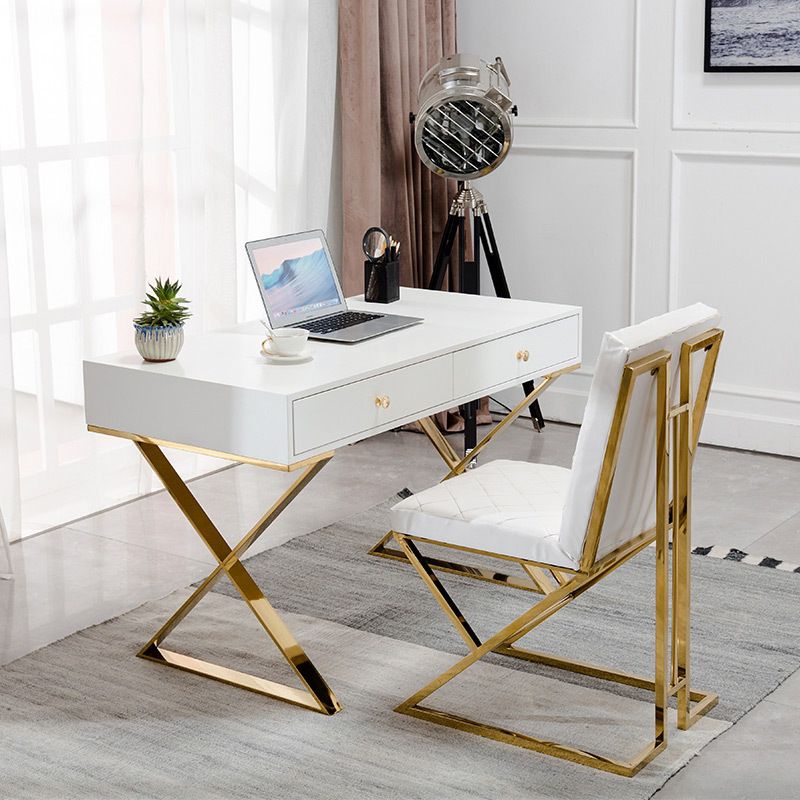 Trestle Glam Office Desk with 2 Storage Drawers Writing Desk for Bedroom