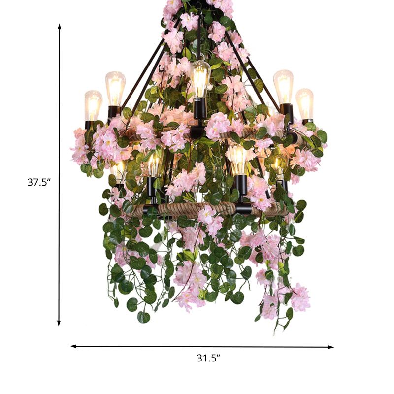 Industrial 2 Layers Ceiling Chandelier 14 Bulbs Metal LED Flower Hanging Light Fixture in Pink