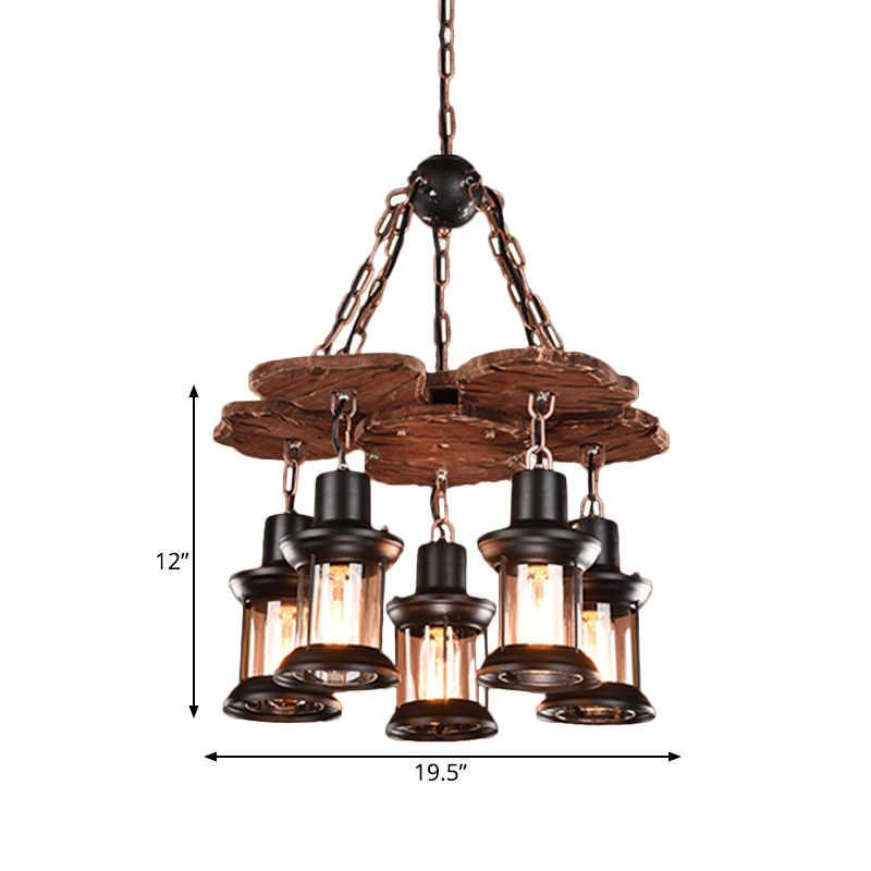 5 Lights Chandelier Light Fixture Farm Dining Room Wood Pendant with Lantern Clear Glass Shade in Black