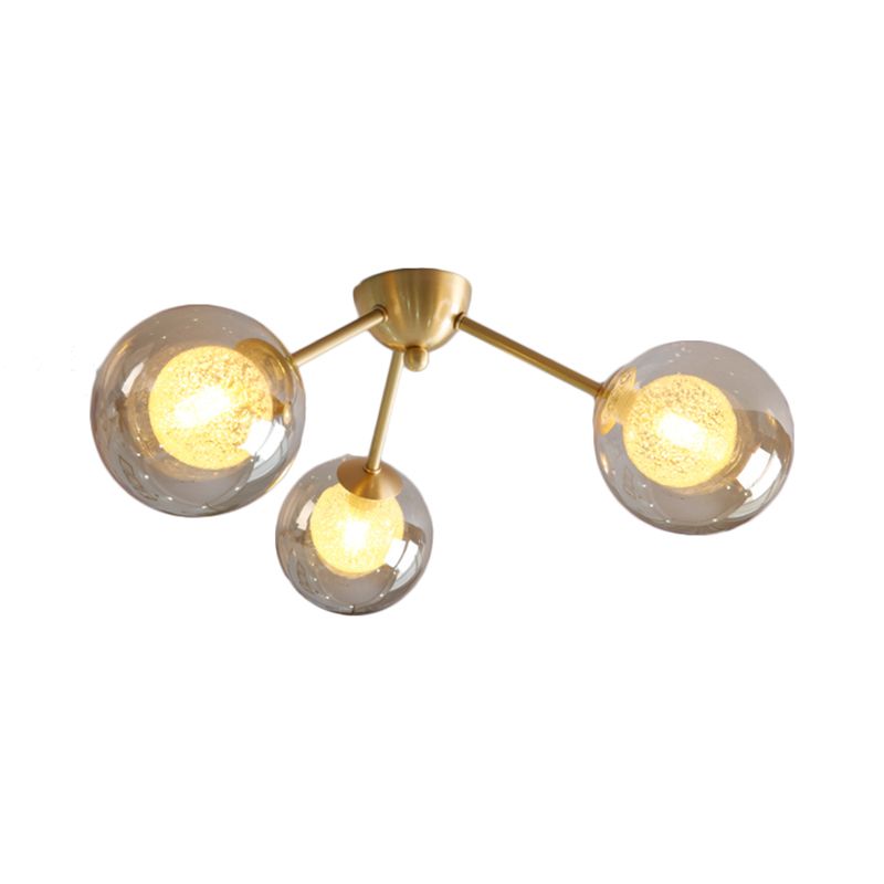 Modern Global Semi Flush Mount Clear/Amber/Smoke Glass 3/6 Lights Led Bedroom Semi Flush Mount Light Fixture in Gold