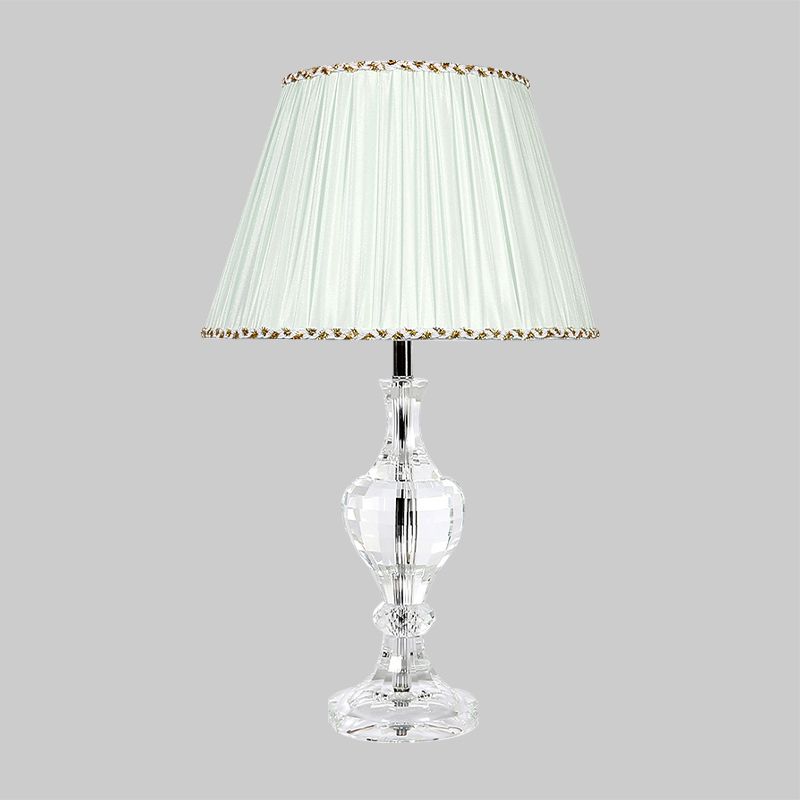 White Pleated Shade Table Lamp Contemporary 1-Light Beveled Crystal Prism Nightstand Light