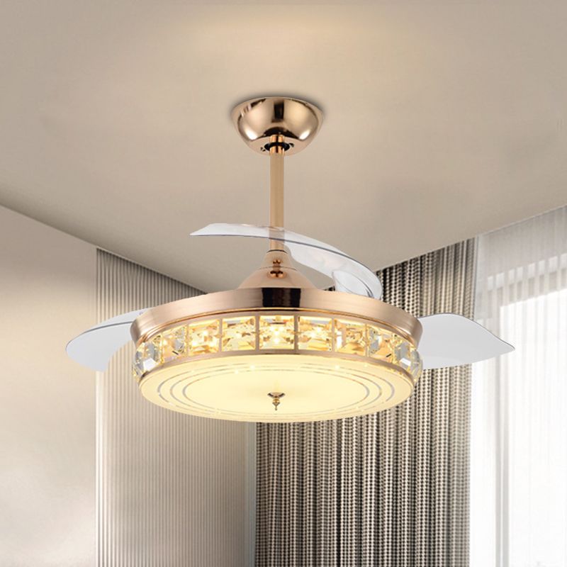 Drum Semi Flush Mount Light Modernist 19.5" W 4 Blades Crystal Ceiling Fan Lighting in Gold