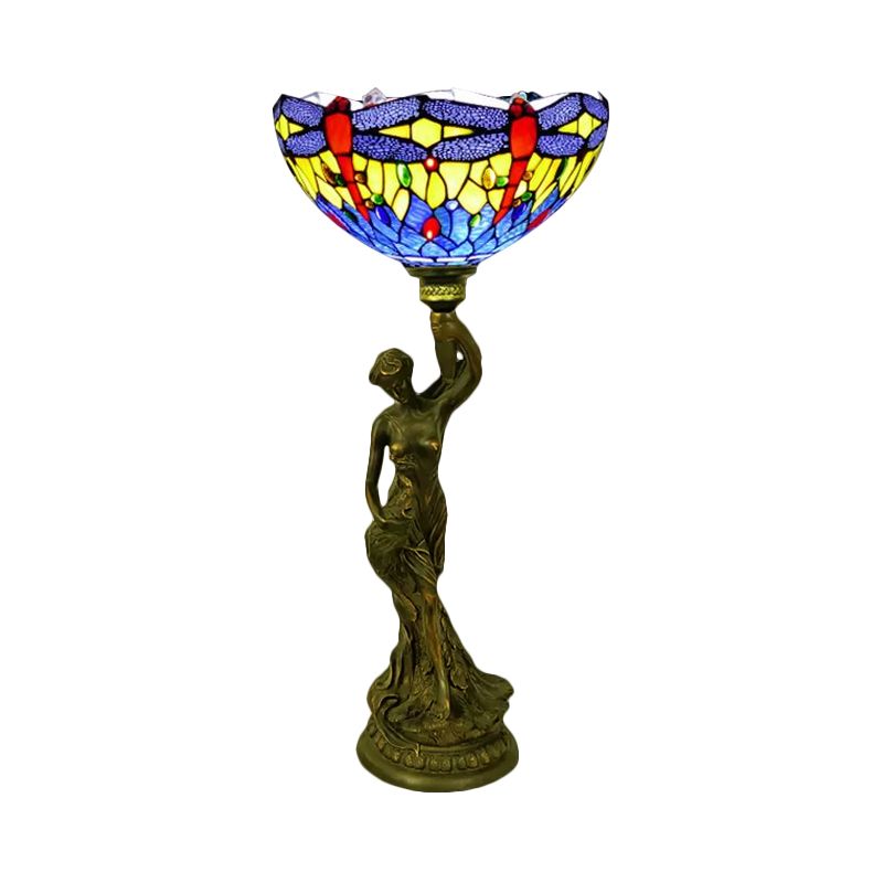 Table de bol Éclairage 1 tête en vitrail Petal baroque / libellule lampe de nuit à motifs en laiton avec résine Naked Woman Base