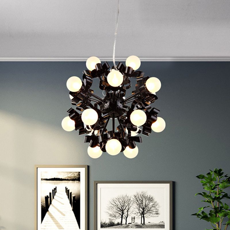 Black Starburst Chandelier Loft Style Metal 18 Heads Bedroom Plafond Pendant avec balle Grossed Glass Shade