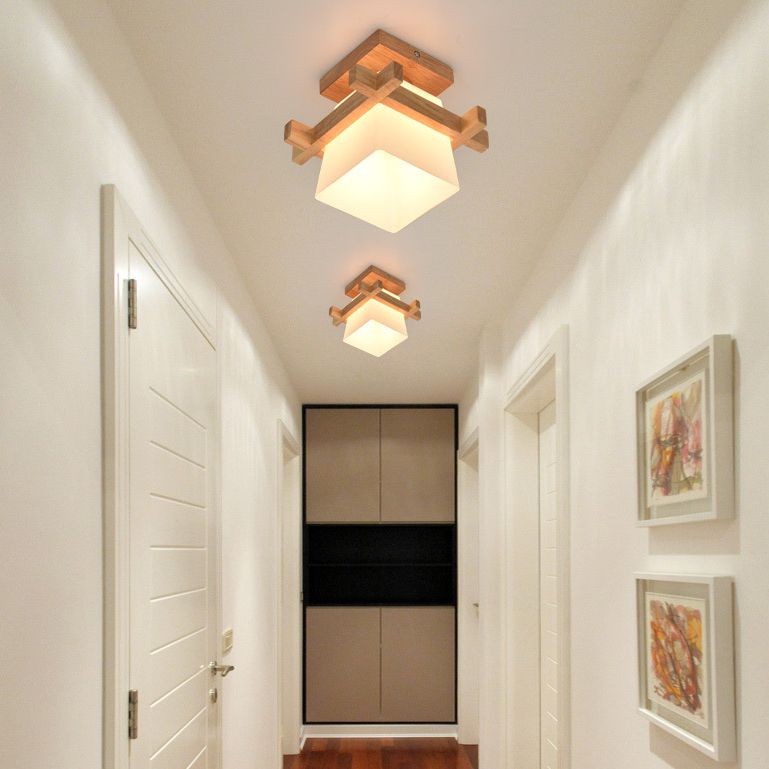 Beige 1 Light Ceiling Lighting Natural Wood Rectangle Semi Flush Mount Lighting for Home Office