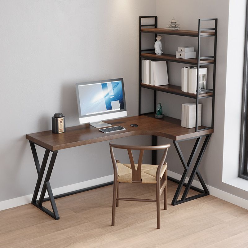 Metal and Wood Corner Writing Desk Industrial Brown Office Office Desk With Bookshelf