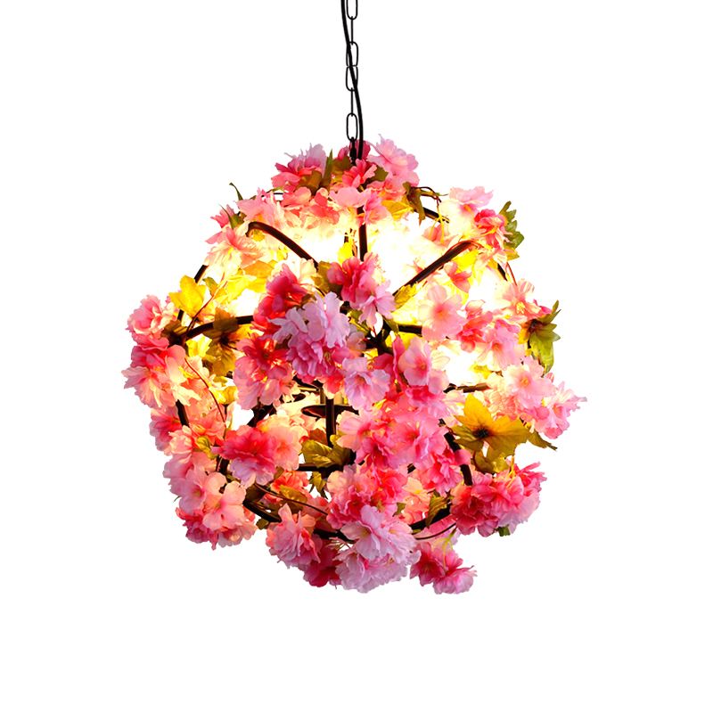 1/3/4-Light Iron Pendant Lamp Rural White/Pink/Purple Plant Cafe Chandelier Lighting with Globe/Wheel/Tapered Cage