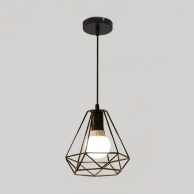 Diamond Shaped Metal Cage Hanging Light Single Bulb Industrial Style Coffee Shop Hallway Pendant Lamp