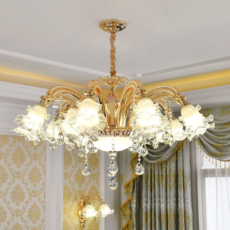 Modernist Floral Pendant Light Kit Clear Glass Living Room Crystal Chandelier Lamp in Gold