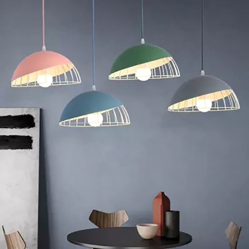 1 Light Cage Ceiling Light Macaron Aluminum Hanging Pendant Lights for Restaurant