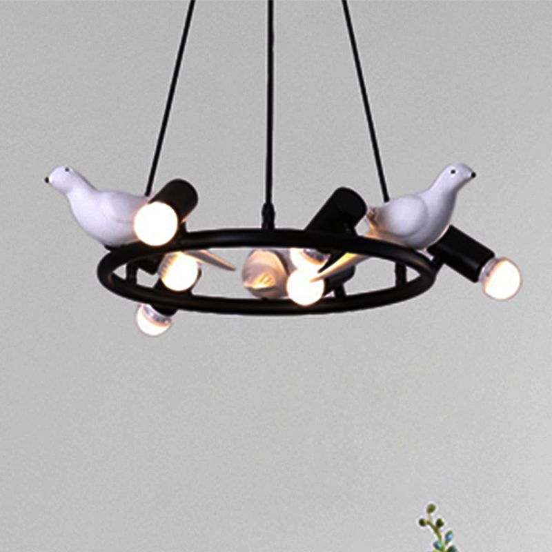 Modern Ring Pendant Chandelier Metal 6/8 Lights Dining Room Hanging Ceiling Light in Black with Bird Ornament