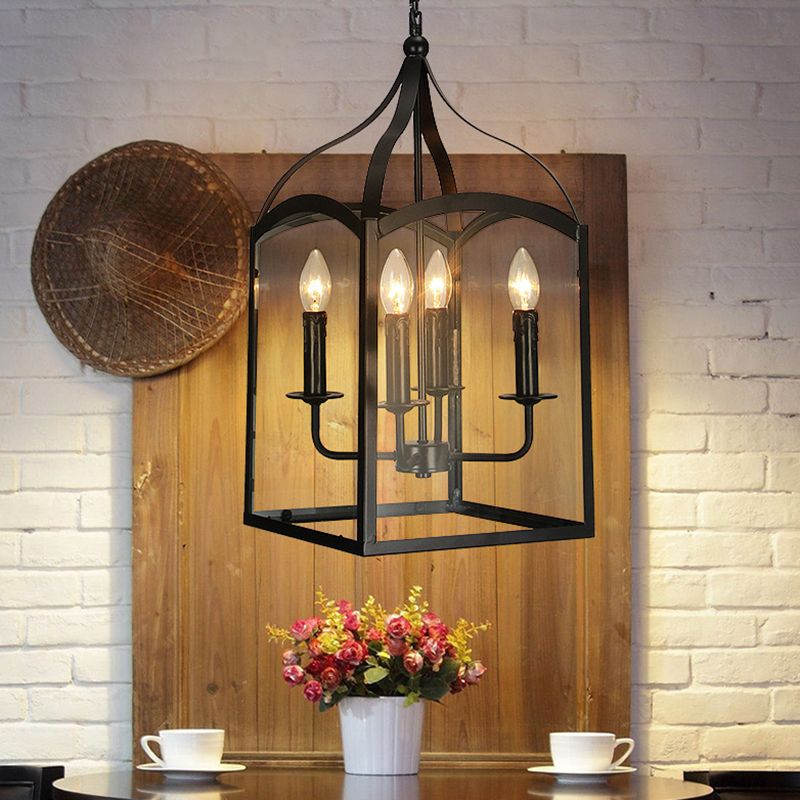 Black 4-Light Pendant Light in Industrial Classic Style Wrought Iron Hanging Lamp with Glass Shade