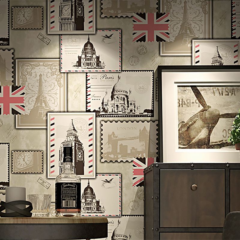 Multi-Colored 20.5-inch x 33-foot Vinyl Decorative Post Stamps and European Traditional Buildings and UK National Flags Flat Wallpaper