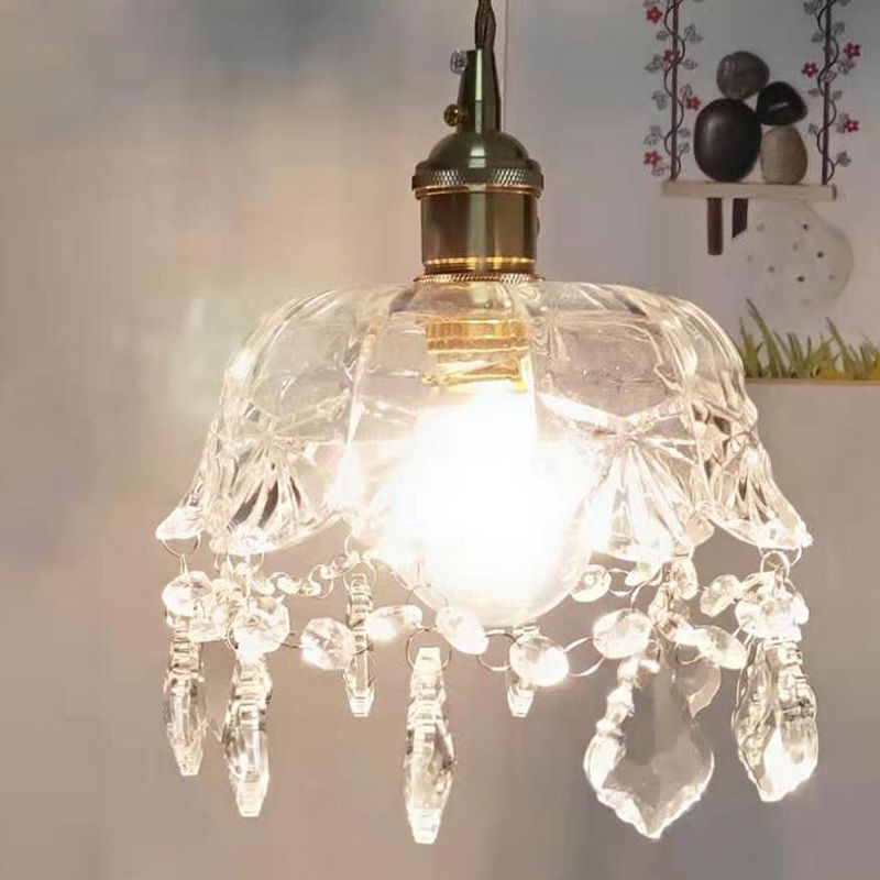 Forme de fleur Shade plafonnier pendant vintage 1 clair en verre transparent clair léger avec un pendentif en cristal