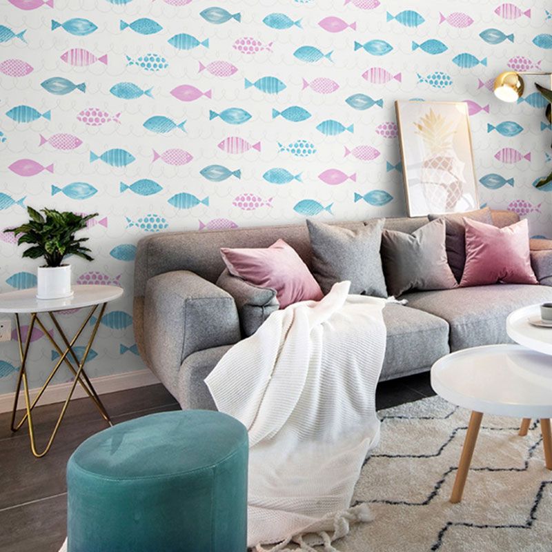 57.1 sq ft. Nordic Wallpaper Roll for Children Bedroom with Cartoon Fish Design in Natural Color