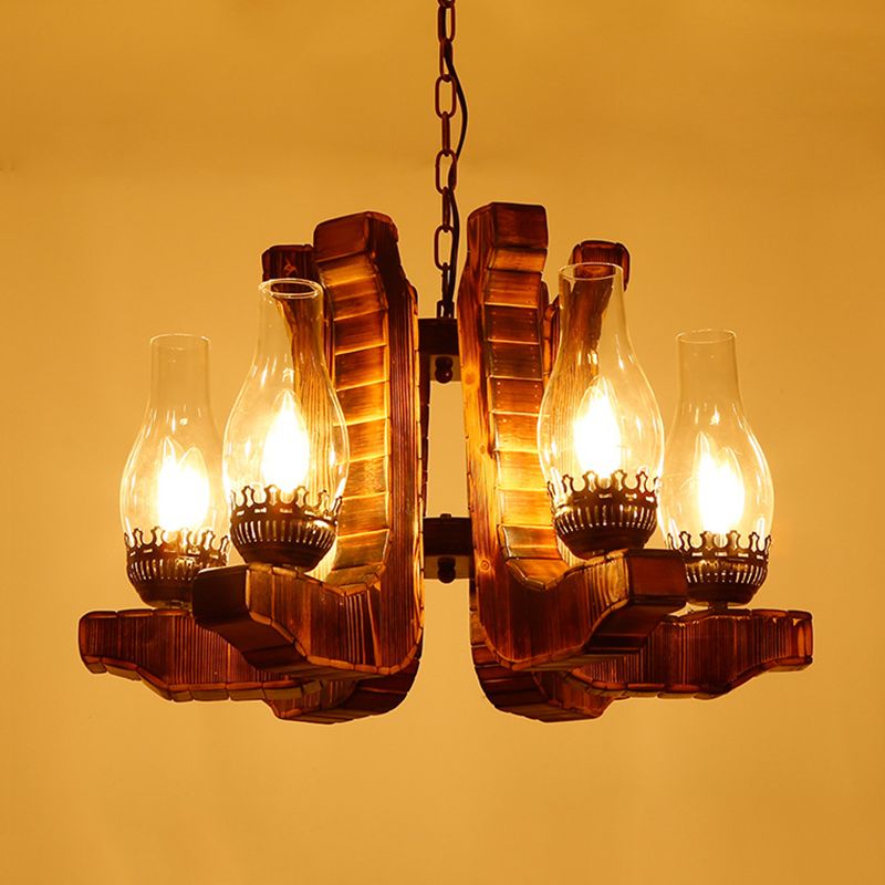 6-Light Clear Glass Chandelier Lighting Warehouse Brown Kerosene Restaurant Drop Pendant with Wood Twisted Arm