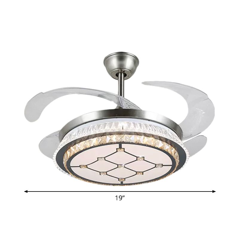 Silver Layered 4 Blades Semi-Flush Mount Modernism LED Crystal Pendant Fan Light Fixture, 19" Wide