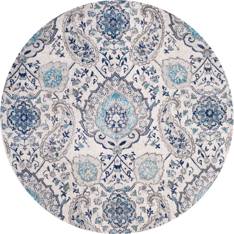 Whitewashed Classical Rug Floral Design Round Rug Polypropylene Washable Carpet for Living Room