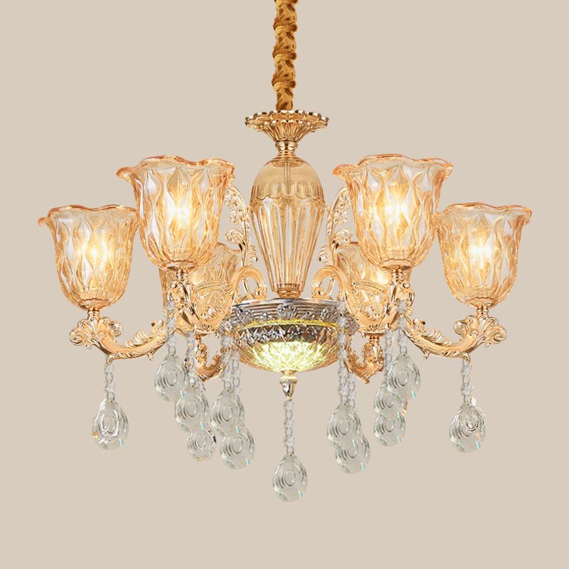 6 Bulbs Bell Up Chandelier Traditional Gold Clear Pebble Glass Hanging Light Fixture over Table