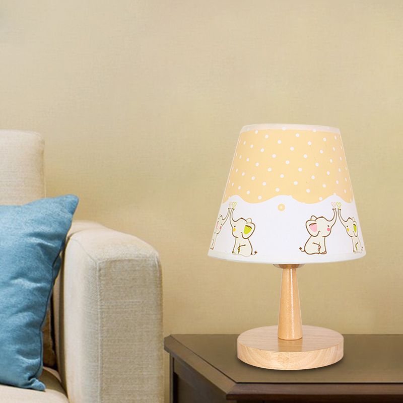 Fabric Conical Table Lamp Cartoon 1 Head Wood Nightstand Light with Airplane/Elephant/Bear Pattern for Bedroom