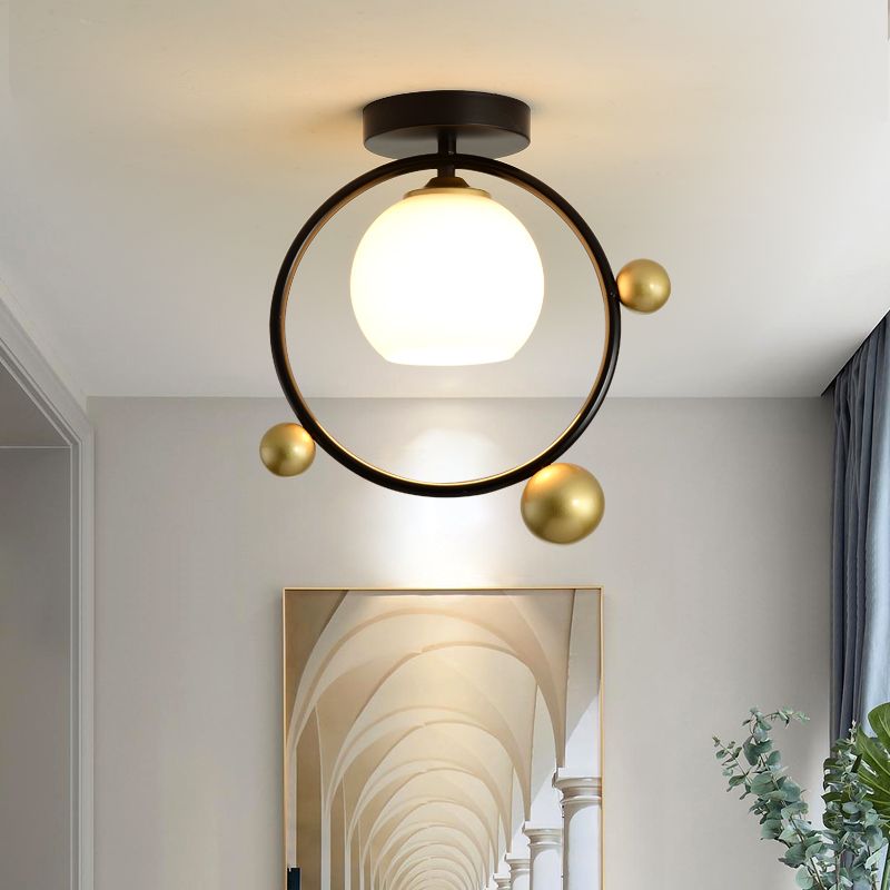 White Glass Sphere Semi Flush Mount Modernist 1 Light Black Semi Flush Mount Light Fixture with Iron Ring, 10"/12" Wide