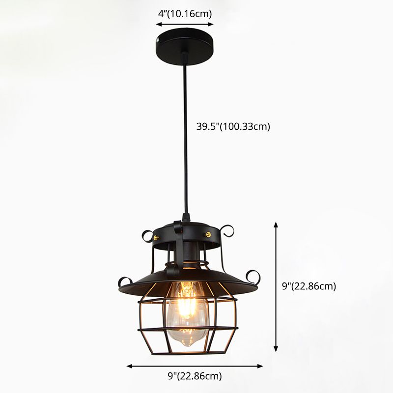 Retro Industrial Open Grid Cage Pendant Light Iron 1 Light Black Suspension Light  for Dining Table