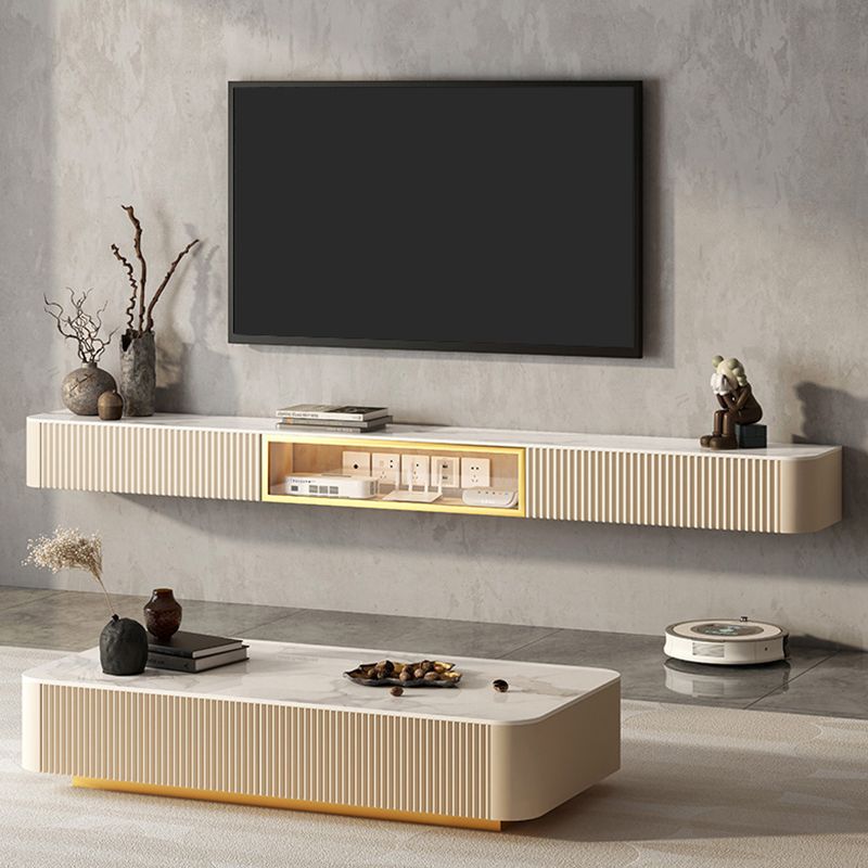 Modern Wall-mounted TV Stand Faux Wood and Solid Wood TV Cabinet with Glass Door