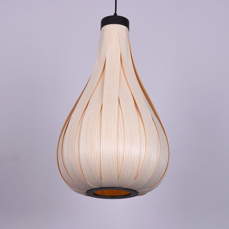 Gourd Wood Ceiling Light Asian 1 Bulb Beige Pendant Lighting Fixture for Restaurant