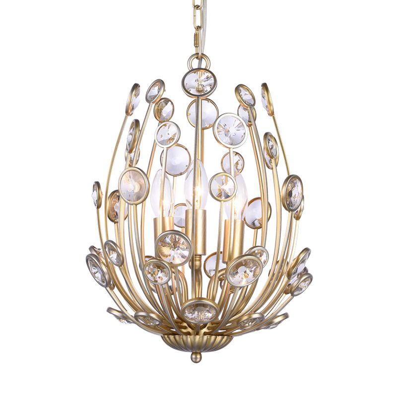 3 Lights Floral Chandelier Lighting Modern Style Metal and Crystal Hanging Light Fixture in Gold for Dining Room