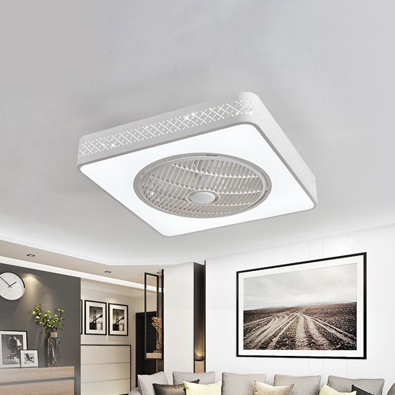 21.5" W Acrylic White Semi Flush Mount Lighting Square LED Contemporary Ceiling Fan Light, 4 Blades