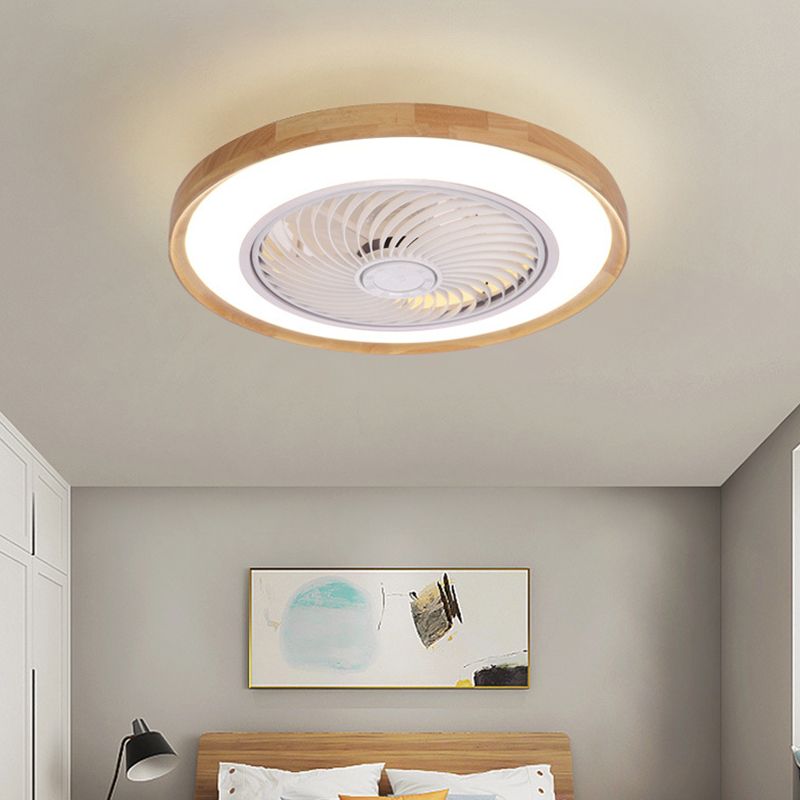 Wood Finish Round Fan Lamp Nordic LED Metal Ceiling Flush Mount Light for Bedroom