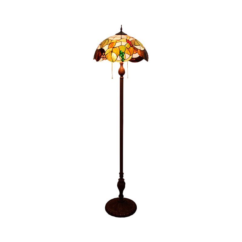 Cut Glass Copper Floor Lighting Scalloped 3 Bulbs Mediterranean Stand Up Lamp with Leaf and Grape Pattern