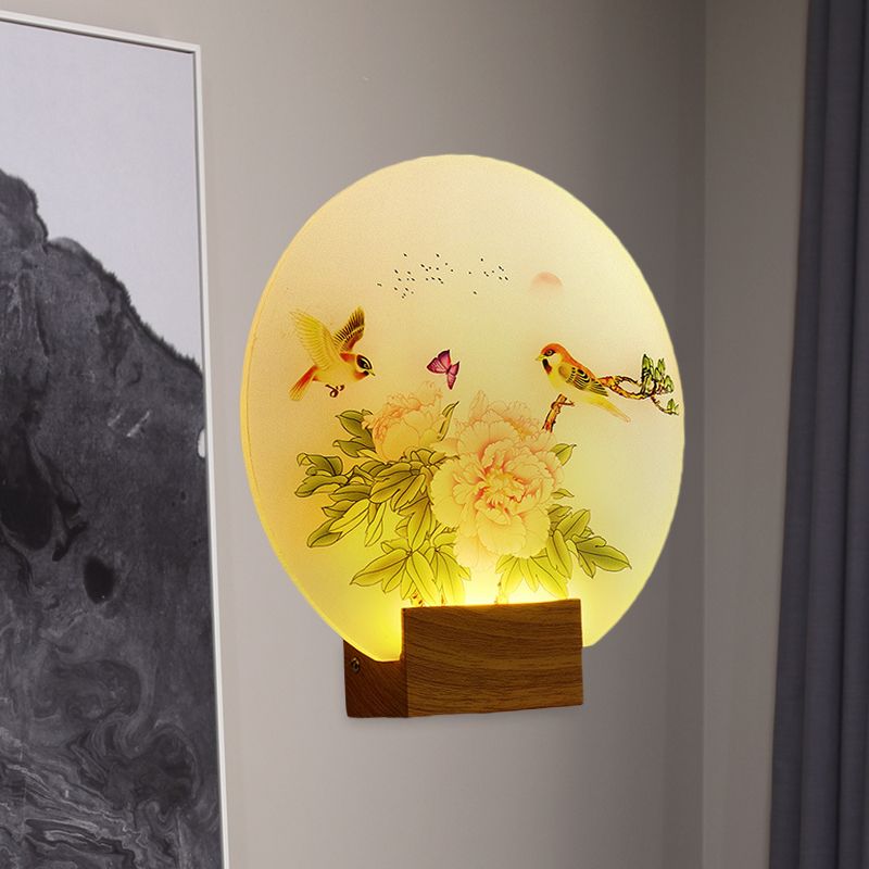 Braune kreisförmige Blüte und Vogel Wandleuchter LED -Acrylwandmontierlicht für Schlafzimmer