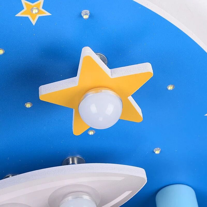 Wooden Rocket and Star Flush Mount Childrens 8 Bulbs Blue Flushmount Ceiling Light