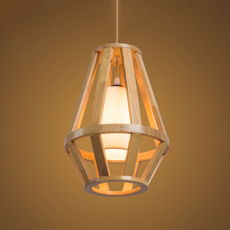 Asian Cage Pendant Light Wood 1 Bulb Suspended Lighting Fixuture in Beige with Inner Cylinder White Shade