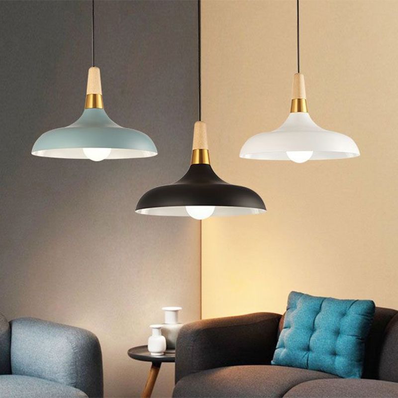 Nordic Pot-Lid Suspension Lighting Metallic Single Dining Room Drop Pendant with Wood Top