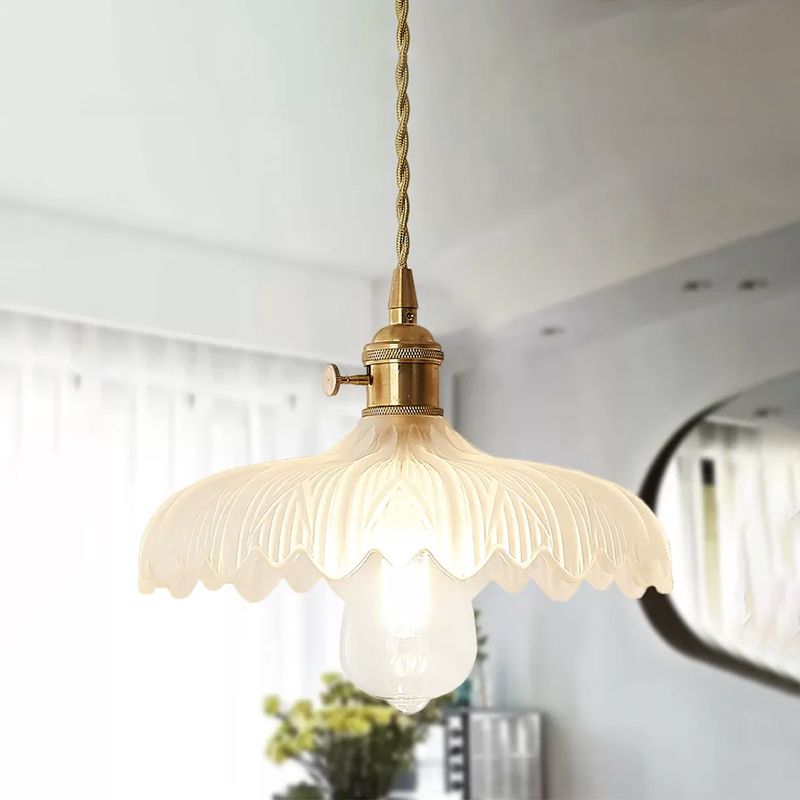 Brass Scalloped Pendant Ceiling Light Farmhouse Frosted Glass 1 Light Living Room Hanging Lamp