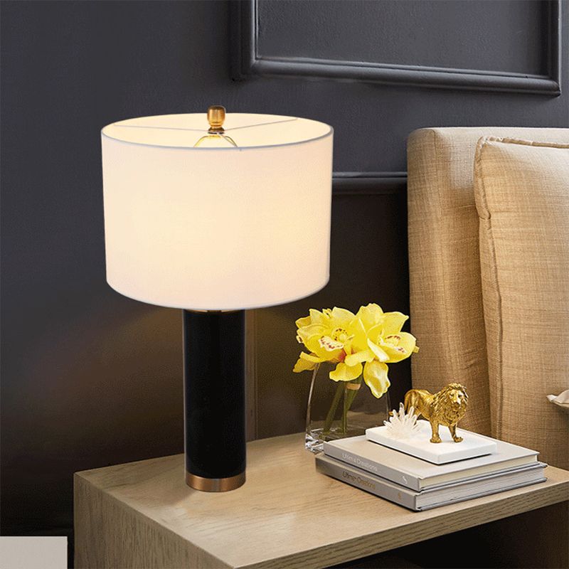 Cylinder Living Room Night Light Fabric 1 Light Minimalist Table Lamp with Marble Pillar in Black/White