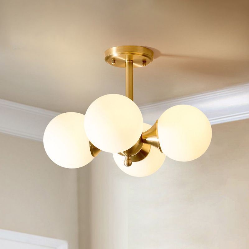 Modern Brass Semi Flush Mount Light 4-Light Sphere Glass Semi Flush Ceiling Light for Bedroom