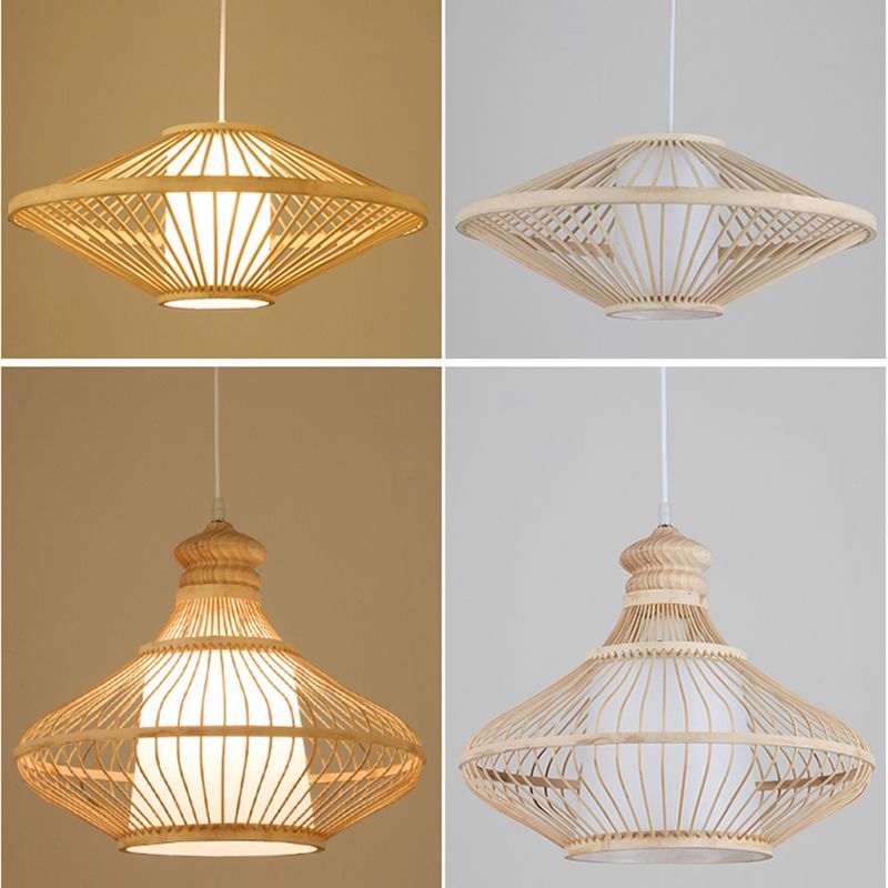 Asian Pendant Lighting Fixture 1-Light Beige Suspension Pendant Light with Rattan Shade